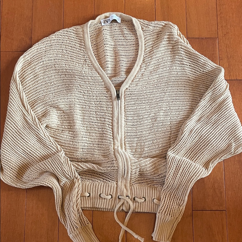 Zara Tan Open-Weave Zip Cardigan with Drawstring Hem